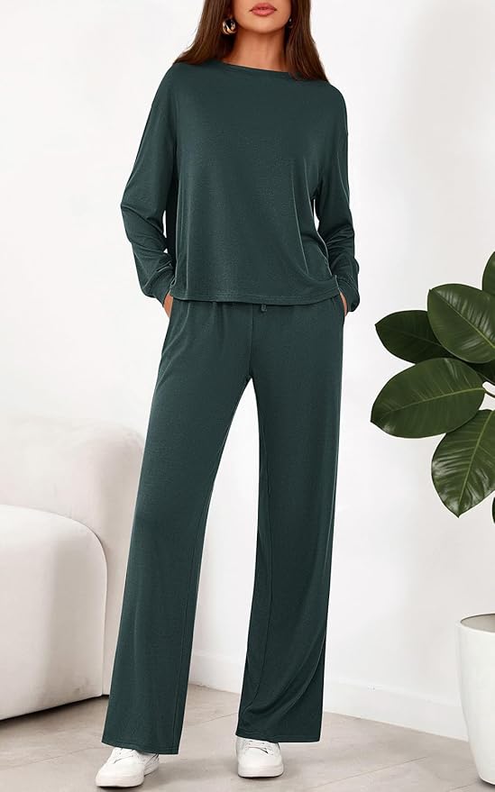 PRETTYGARDEN Womens 2 Pieces Lounge Sets Crewneck Long Sleeve Wide Leg Drawstring Pants Tracksuits Loose Fit Outfits Set