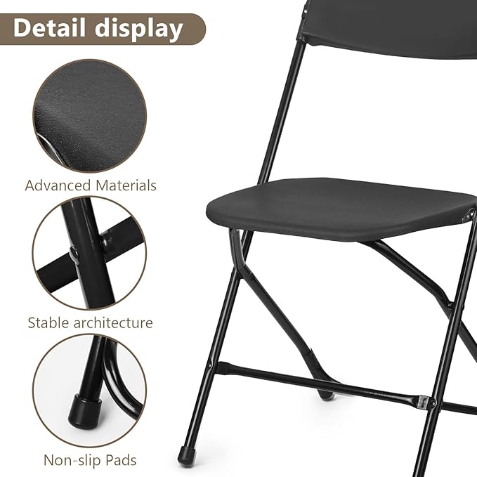 Folding Chairs 10 Pack, Heavy-Duty Plastic Foldable Chairs with Sturdy Metal Frame, 350 lbs Capacity, Stackable Portable for Weddings, Parties, Office, Indoor, Outdoor Events, Black