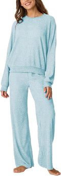 Aamikast Women's 2-Piece Lounge Set Soft Brushed Jersey Sleepwear Pajamas Set Long Sleeve Top & Wide Leg Pants