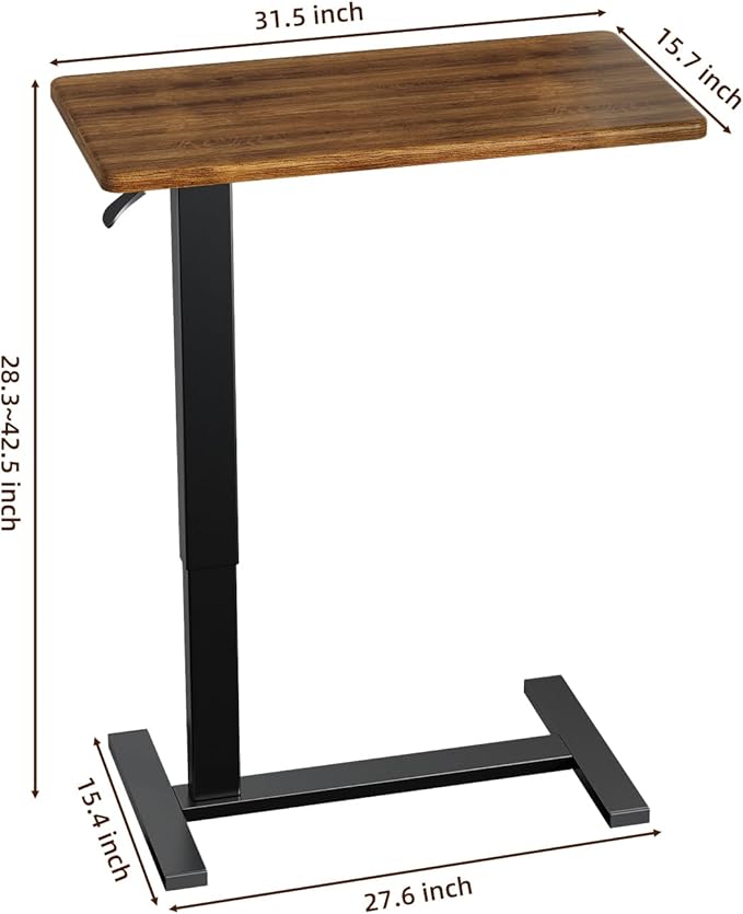 Overbed Bedside Table with Wheels Adjustable Hospital & Home Use Bed Table Rolling Movable Laptop Mobile Standing Desk Pneumatic Computer Cart Waterproof L-Shaped Steel Base Tray Tables,Brown