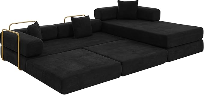 108" Convertible Sleeper Sofa Bed, Corduroy Folding Sofa Bed with Fixed-Shape Frame, Fold Out Floor Mattress Couch, Lazy Compression Sofas for Living Room, Bedroom, No Assembly Required,Black