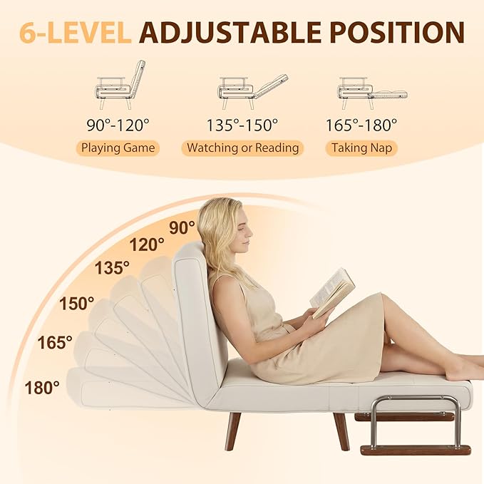 TIMBERKNOWS SUIYIMU Folding Chair Bed, 3-in-1 Convertible Sleeper Chair Bed, Futon Chair with 6-Level Adjustable Backrest for Guest Room Apartment Dorm, Cream Beige-Walnut
