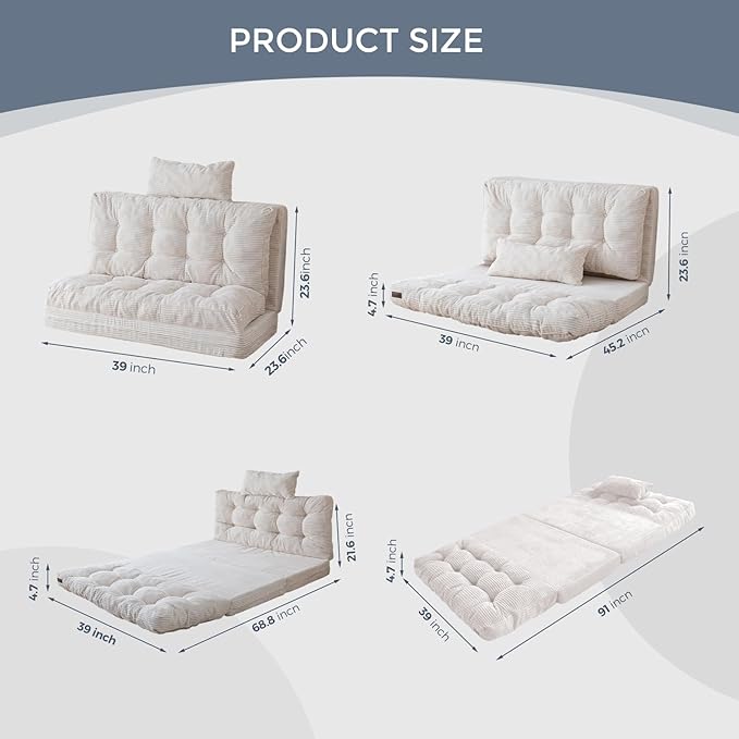 MAXYOYO Bean Bag Bed Tufted Folding Sofa Bed with Pillows Floor Mattress for Adults, Extra Thick and Long Floor Sofa, Twin Floor Couch Bed for Bedroom Living Room, Beige, 39x91 Inch