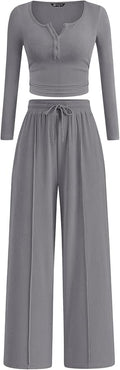 PRETTYGARDEN Women's 2026 Fall Trendy 2 Piece Outfits Lounge Sets Long Sleeve Top Henley Shirts Wide Leg Pants Travel Clothes