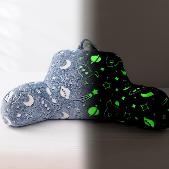 Holawakaka Glow in The Dark Reading Pillow for Sitting up in Bed Sofa Kids Teens, Space Rocket Moon Stars Backrest Pillow with Arms for Boys Girls, Back Support Cushion for Couch Nursery Playroom