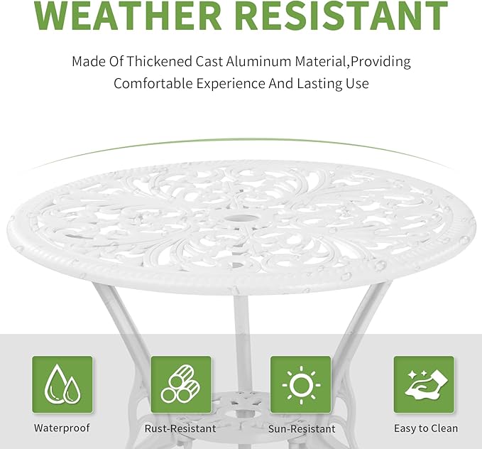 Withniture Patio Bistro Set 3 Piece Outdoor, All Weather Patio Furniture Bistro Table and Chairs Set of 2, Cast Alumium Bistro Table Set with Umbrella Hole for Garden Porch (Butterfly, White)