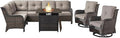 Belord Outdoor Sectional Sofa Furniture Set with Propane Fire Pit Table, Wicker Patio Conversation Set with 2 Swivel Glider Rocker Chairs Grey Cushion Perfect for Backyard Casual Gathering