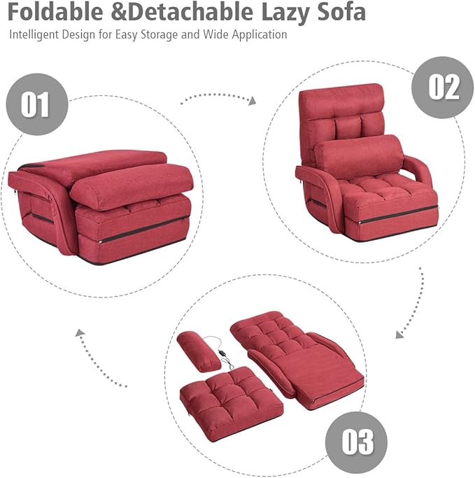 Giantex Folding Floor Chair with 6-Position Adjustable Backrest, Armrests & Removable Pillow, 330Lbs Capacity, Lazy Sofa Armchair, Chaise Lounge Bed, Gaming Recliner for Living Room Bedroom, Red