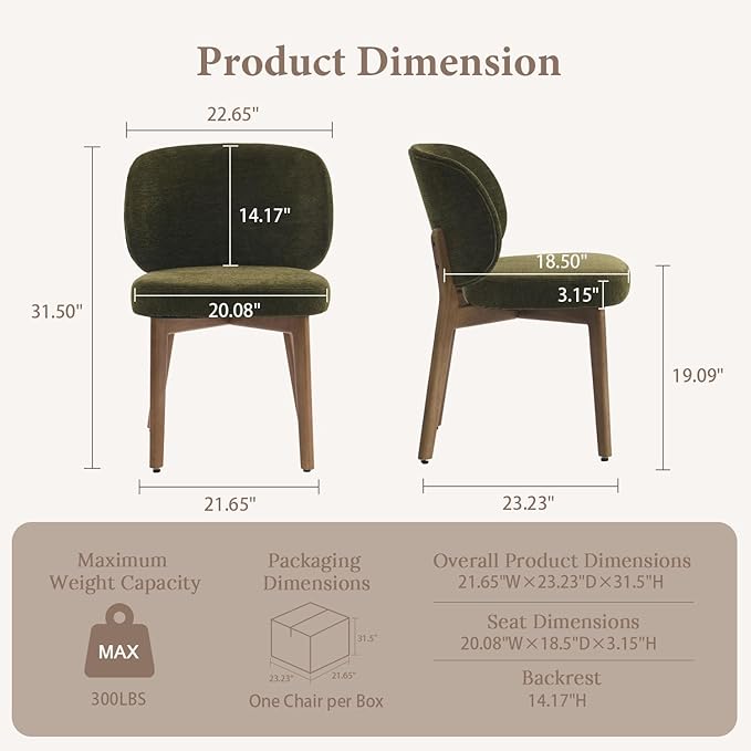 YOUNUOKE Upholstered Dining Chairs Set of 4, Modern Chenille Fabric Dining Room Chair with Wood Legs, Widen Backrest Comfy Armless Side Kitchen Chairs, Green