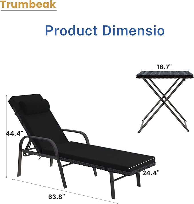 Trumbeak Patio Chaise Lounge Set 3 Pieces Pool Lounge Chairs,Cushioned Outdoor Folding Lounge Chair w/Arm and Rattan Adjustable Backrest for Poolside Porch,Folding Table Included,Black