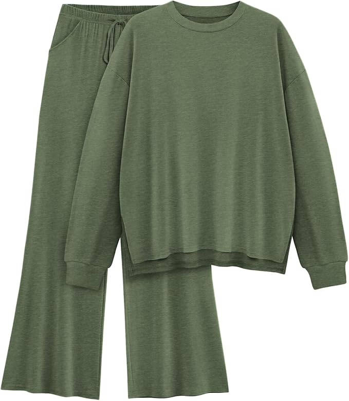 AmazingStar Womens Lounge Set 2025 Fall 2 Piece Outfits Long Sleeve Tops Wide Leg Long Pants Cozy Matching Sets Clothing
