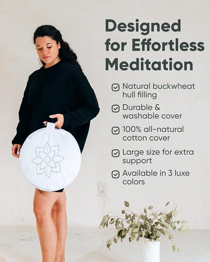 Mindful Modern Large Meditation Cushion for Zafu Yoga - Meditation Pillow for Sitting on The Floor - Buckwheat Hull Filled Yoga Cushion with Removable, Washable 100% Cotton Cover and Carry Handle