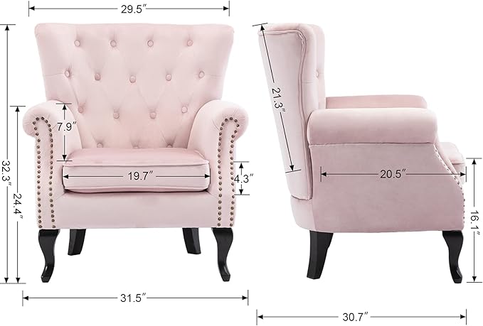 DM Furniture Set of 2 Mid Century Modern Accent Chair for Living Room, Velvet Armchair with Tufted Back and Wood Legs, Upholstered Lounge Armchair Single Sofa for Bedroom, Light Pink