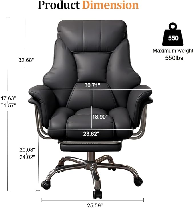 BTFYOU Big and Tall Office Chair with Armrests Executive Chair with Footrest and Spring Lumbar Support High Back Leather Ergonomic Chair Adjustable Height Tilt Lock for Business