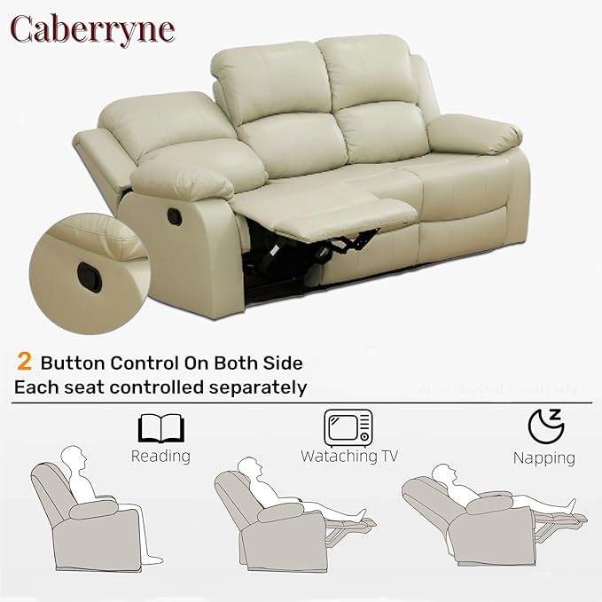 Caberryne Leather Recliner Sofa，Reclining Sofa for Living Room Furniture Sets，Beige Wall Hugger Recliner Couch with Cupholder for Living Room/Office/Theater Seating(3 Seater Sofa)