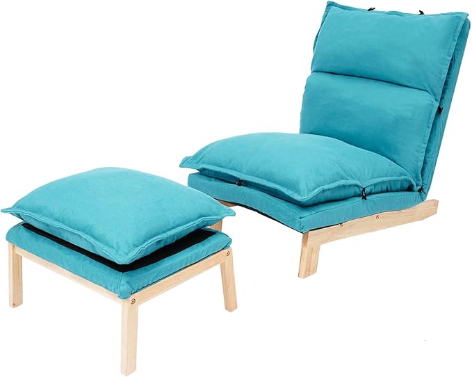 Single Lazy Leisure Chair, Adjustable Recliner Balcony Reclining Japanese Tatami Chair with Ottoman, Floor Seating Lounge Chair with Backrest and Footrest, Upholstered Chair for Living Bedroom (Blue)