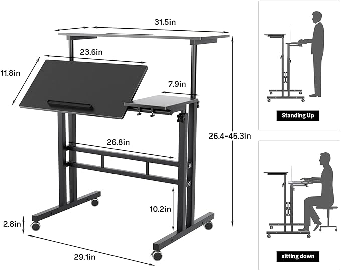 DlandHome Computer Desk, Adjustable Rolling Desk Standing Desk, 31.5L x 23.6W x 26.4-45.3H inch, Black