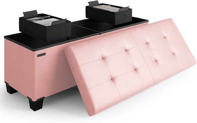 Storage Ottoman Bench with Bins, 43-in Storage Bench for Bedroom End of Bed, Folding Foot Rest Ottoman for Living Room Max 660lbs, Faux Leather Ottomans, Pink