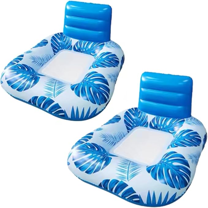 Pool Zing Square Inflatable Pool Lounger with Backrest (Two Pack), Tropical Palm Leaf Float for Adults, Relaxing Pool Raft with Cooling Mesh Seat