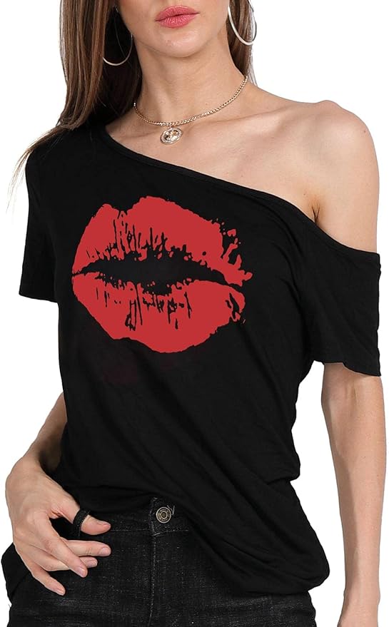 MAGICMK Women’s Short Lips Print Causal Off The Shoulder Plus Size T-Shirt Tops