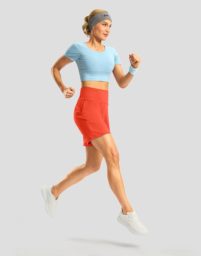 Women's Athletic Shorts with Zipper Pocket 7" High Waisted Stretchy Bermuda Shorts for Women Workout Running Casual