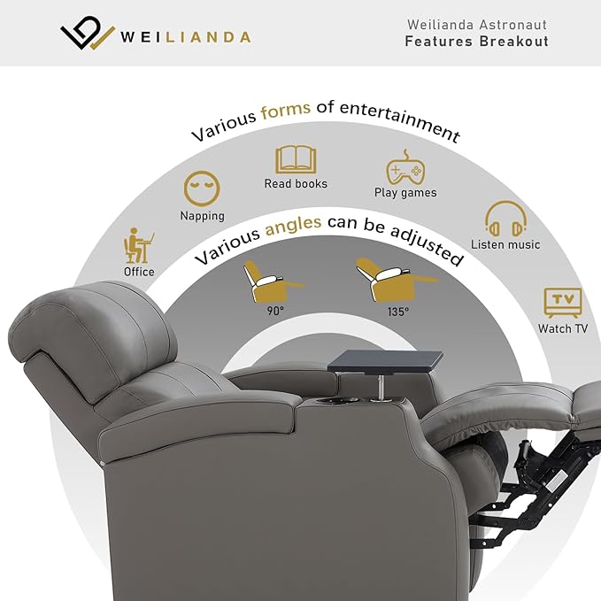 Weilianda Home Theater Seating, Top Grain Leather Sectional Seats Recliner Chair, Zero Gravity Reclining Sofa with Power Headrest 7 Colors Ambient Lighting USB C Charge Row of 2 Grey