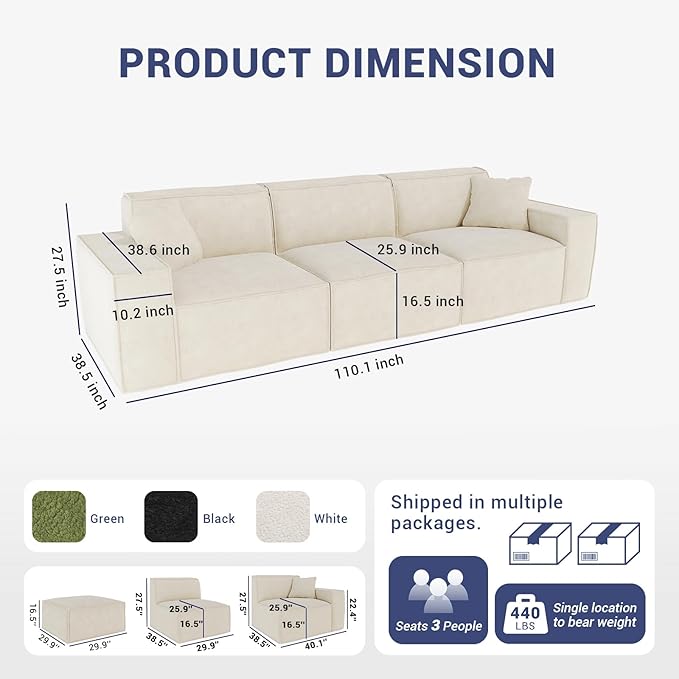 110" Cloud Sectional Couch, Chenille Boneless Couch 3 Seater with Deep Seats & Wide Armrests, Comfy Modular Sectional Sofa Memory Foam Compression Floor Sofa for Living Room, No Assembly Required