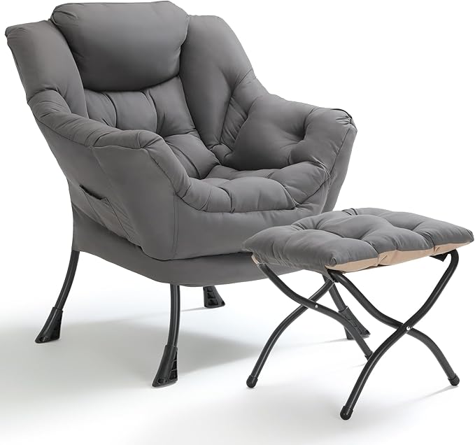 TLSUNNY Lazy Chair with Foldable Ottoman, Modern Comfy Lounge Chair, Large Sofa Armchair with Footrest and a Side Pocket, Reading Chair with Footstool for Bedroom, Living Room, Dorm (Dark Grey)