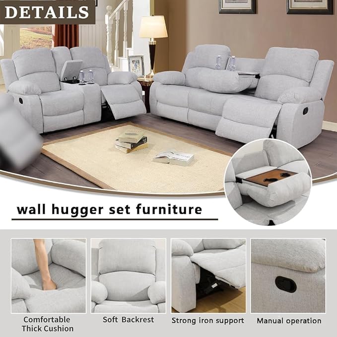 AYCP Microfiber Living Room Furniture Set Reclining Sofa Set Loveseat Furniture Sets in Living Room Sofa Recliners (Sofa+Loveseat, Grey)