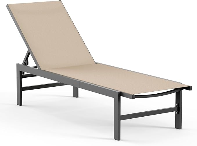 Chaise Lounge Chair for Pool, Aluminum Outdoor Lounge Chairs with 5-Position Recliner, Patio Lounge Chair for Backyard, Poolside, Lawn (Khaki)