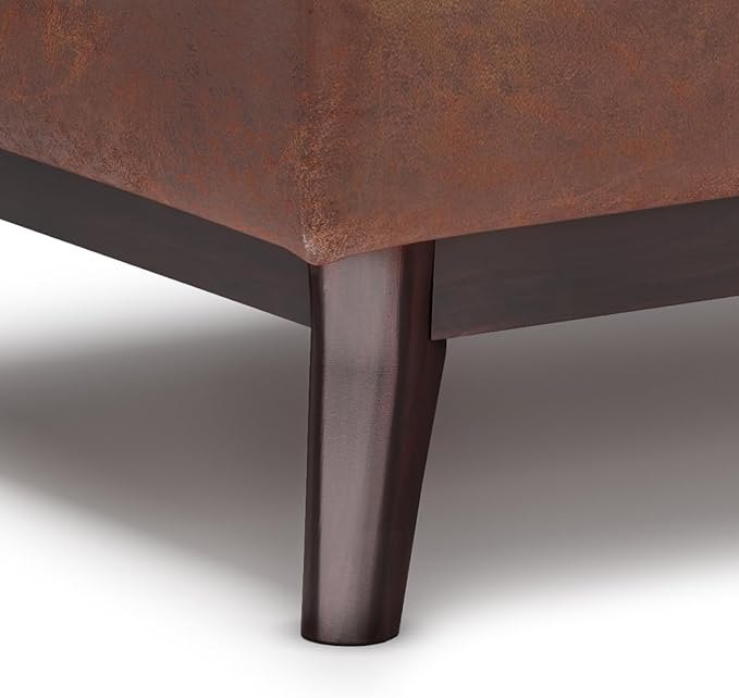 SIMPLIHOME Owen Tray Top Small Coffee Table Storage Ottoman - 34 inch Wide Upholstered Vegan Leather Rectangular Flip-Top Ottoman in Distressed Saddle Brown, Mid-Century Modern Ottoman for Living Room