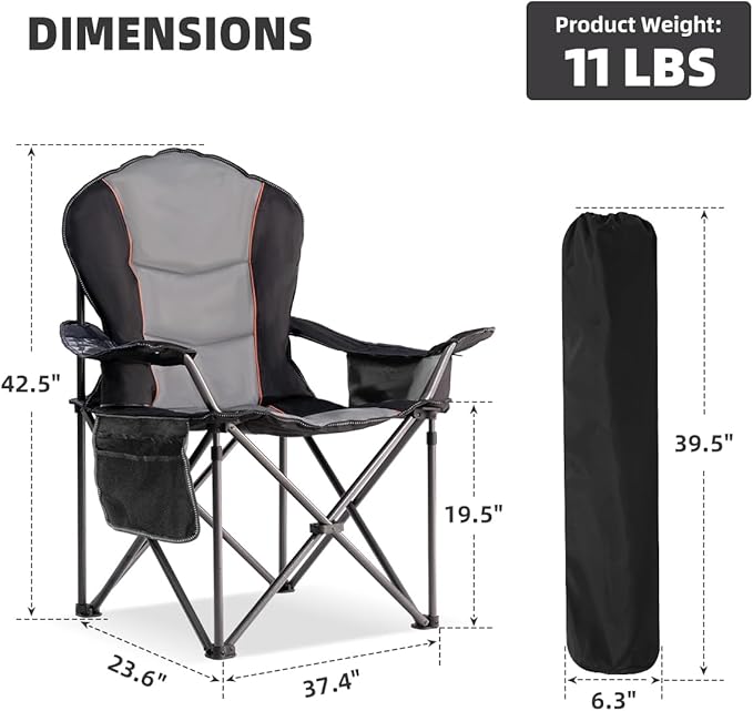 Foristrail Camping Chair Oversized Folding Outdoor Camping Chair with Cooler Bag, Cup Holder & Waterproof Phone Case, Portable for Hiking/Beach,500LB (Black & Light Gray)