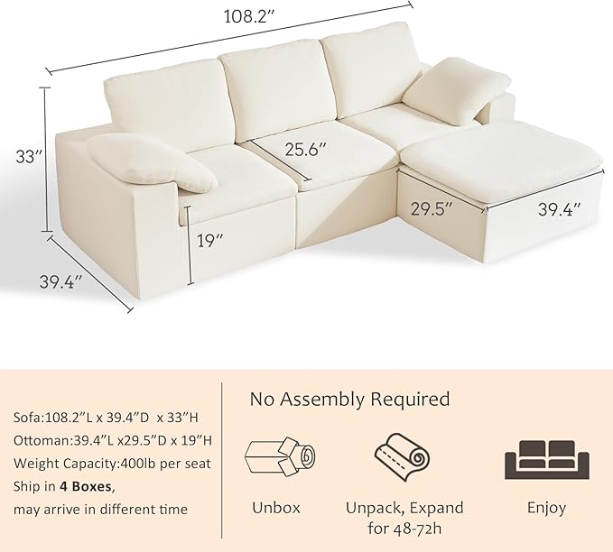 ANONER 108" Cloud Sectional Couches for Living Room, Boneless L Shaped Modular Sectional Sofa with Ottoman, Deep Seats Comfy Chenille Cloud Couch, Convertible, No Assembly, Beige
