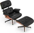 Top Black Grain Leather, Mid Century Chaise Lounge Chair and Ottoman, Modern Chair Classic Design, Palisander Wood, Heavy Duty Base Support for Living Room Office