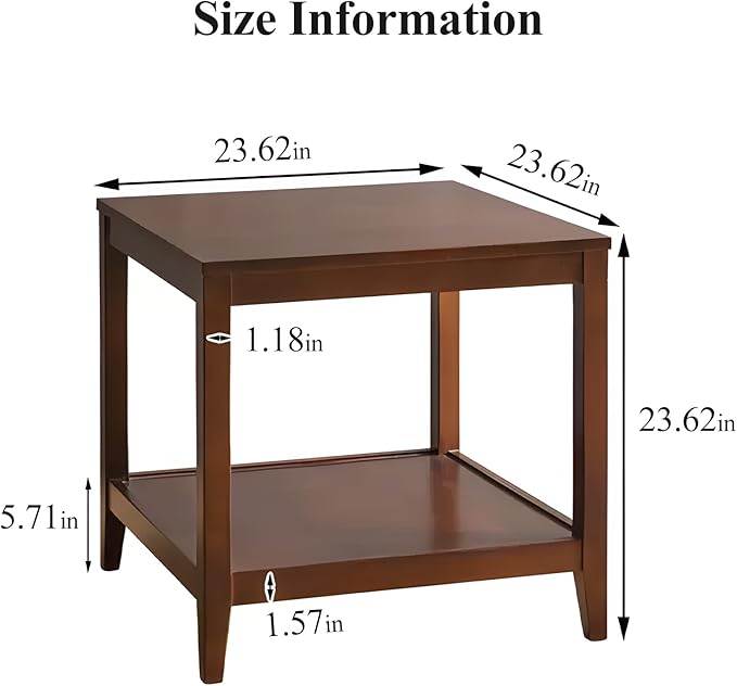 Cttasty Side Table, Solid Wood Square End Table with Storage Shelf, 2-Tier Coffee Table for Living Room, Rubber Wood Small Sofa Table, Nightstand 23.62 H x 23.62 W x 23.62 D Inches (Walnut)