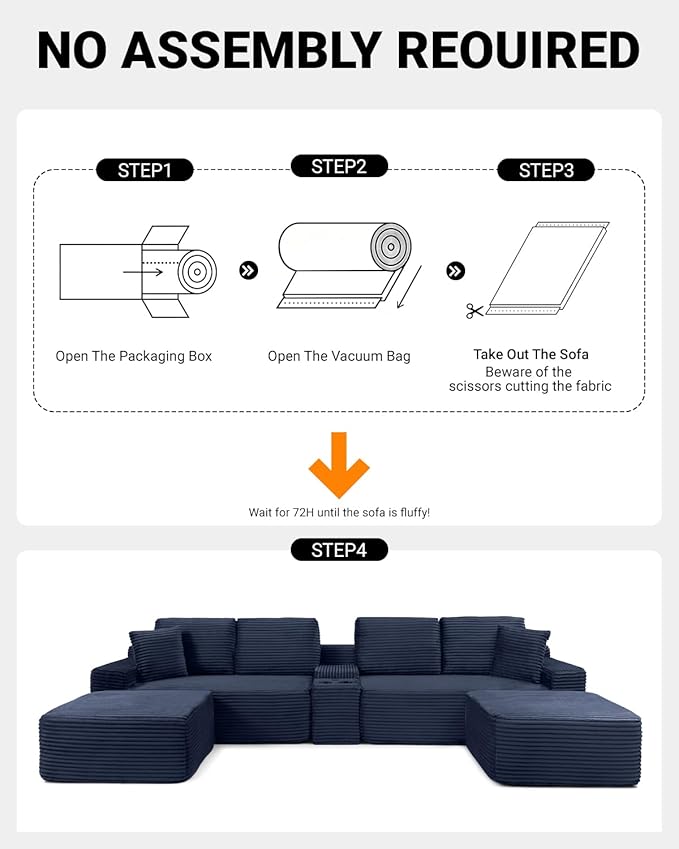 150" Oversized Modular Sectional Sofa, Deep Seat Cloud L-Shape Corduroy Couch with Cup Holders, USB Ports, Wireless Charging & Storage Box, Upholstered Modular Sleeper Sofa for Living Room (Blue)