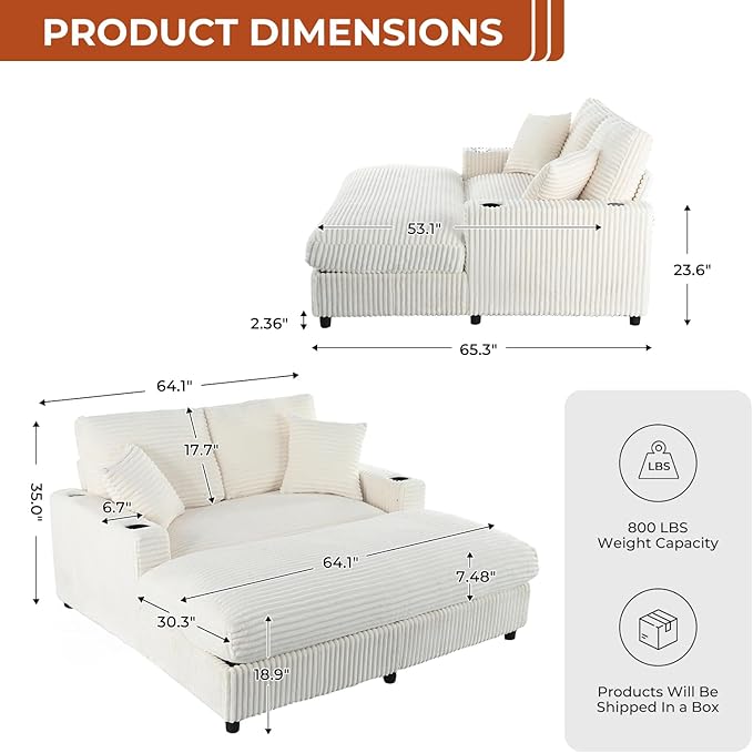 65" Oversized Chaise Lounge Chair Indoor, Upholstered Sofa Bed with Pillows & 2 Cup Holders, Sleeper Couch Comfy Corduroy Recliner Chair for Living Room, Movie Room, Bedroom, White