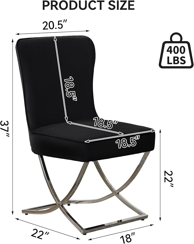 WUTUTUEE Luxury Velvet Dining Chairs, Tufted Upholstered Armless Accent Chairs with Silver Metal X-Legs, Modern Glam Dining Room Chair Set of 2, Black