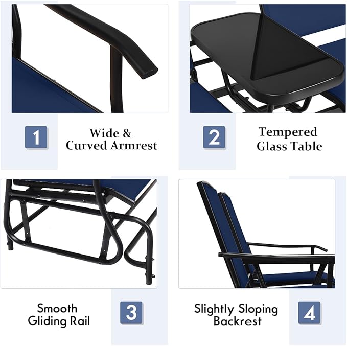 Giantex Outdoor Glider, Rocking Chair with Metal Frame, Center Tempered Glass Table, 2-Person Loveseat, Patio Glider Bench, Outside Swing Chair for Garden Yard Lawn Porch Patio Rocker (Navy)