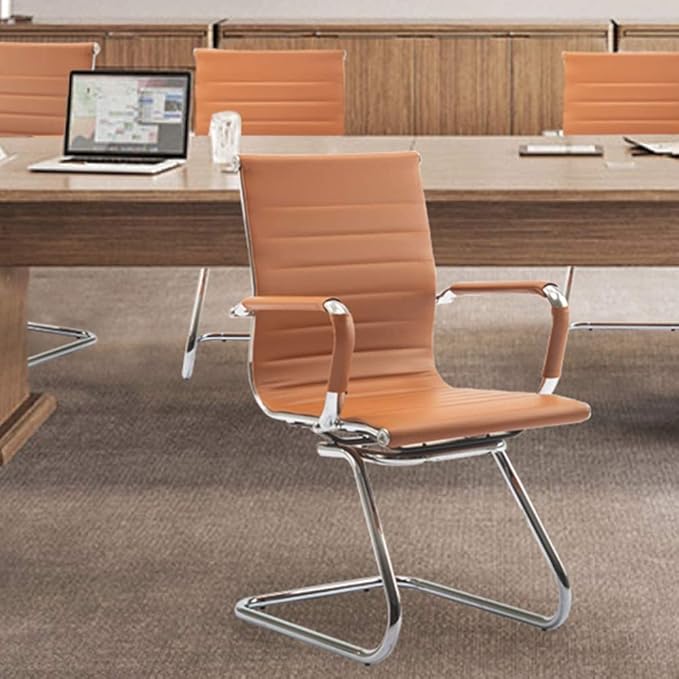 DM Furniture Office Desk Chair Set of 8,No Wheels PU Leather Computer Chairs Mid Back Guest Chairs with Seld Base for School/Reception/Conference/Waiting Room,Terracotta