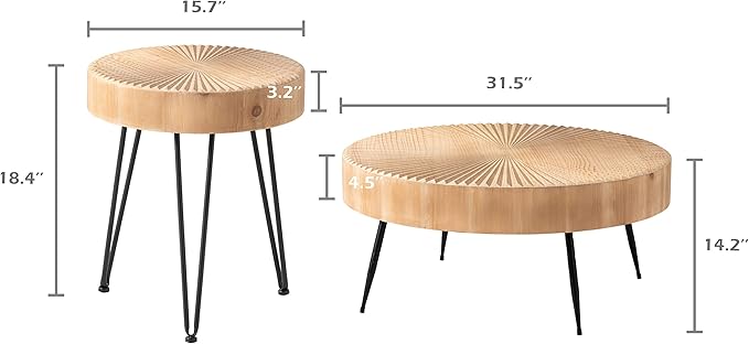 LONYKE 2-Piece Farmhouse Nesting Table Round with Handcrafted Wood Radial Pattern, Modern Coffee Table Set for Living Room