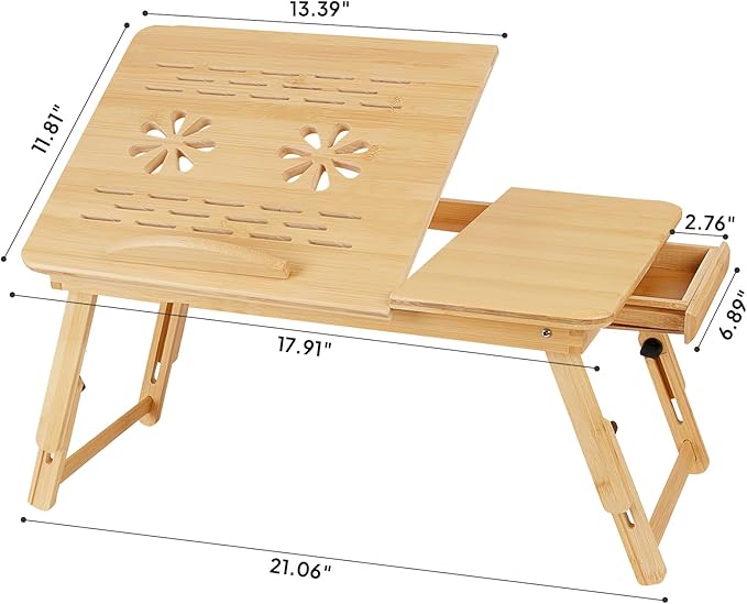 Bamboo Laptop Desk, Folding Adjustable Lap Tray Table with Drawer, Portable Lap Desk for Working, Reading, Breakfast on Sofa, Couch, or Floor