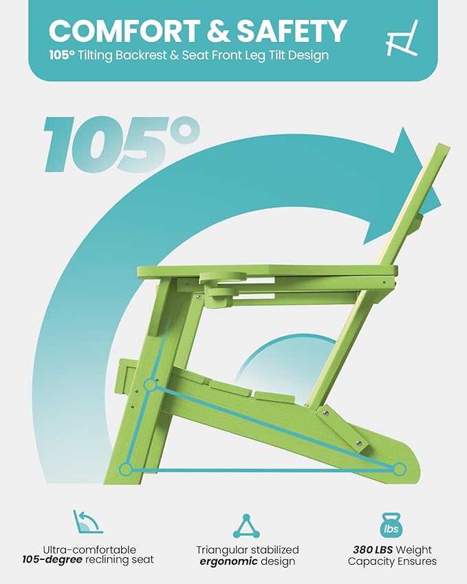 Folding Adirondack Chair, HDPE All-Weather Fire Pit Chairs, Plastic Adirondack Chairs with 2 Cup Holder, Outdoor Lawn Chair for Patio Garden (Light Green)