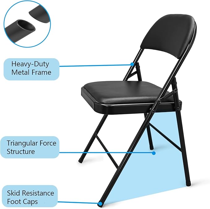 Folding Chairs with Padded Seats,Portable Foldable Chairs Seat with Steel Frame for Home and Office, Wedding Party Events, Black, Set of 4