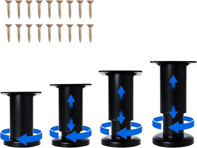Olldag 4 Pcs Adjustable Height Furniture Support Legs [with Screws] 3.15-4.72 inch, Metal Heavy Duty Furniture Replacement Legs for Chair/Bed/Sofa/Cabinet/Couch/Dresser/Bed/Table (Black)