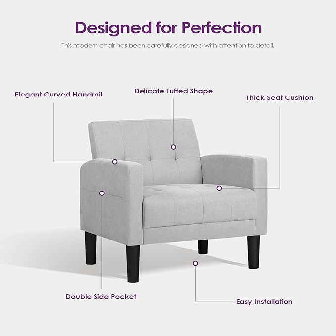 TYBOATLE Accent Chair Living Room Chairs Cozy Tufted Mid Century Modern Accent Chairs with Arms for Bedroom Comfy Reading Arm Chair Small Chairs for Small Spaces Living Room Office (1, Light Grey)