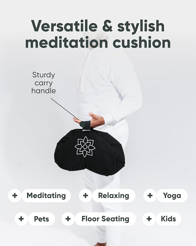 Mindful & Modern Large Meditation Cushion | Zafu Yoga Bolster Meditation Floor Pillow Seat | Buckwheat Hull Filled Crescent Shaped Cushion with Removable Washable Cover + Carry Handle (Minimal Black)