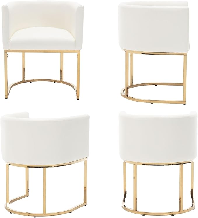 VESCASA Faux Leather Upholstered Dining Chairs with Barrel Back, Modern Padded Restaurant Chairs with Gold Metal Frame for Kitchen, Dining Room, Set of 3, White