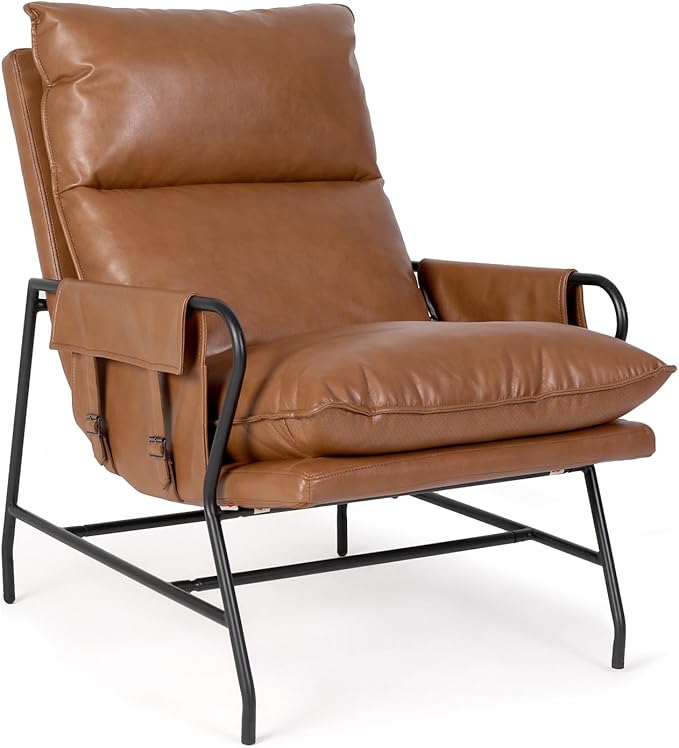1 Pc Faux Leather Accent Chair for Living Room, 24" High Backrest Upholstered Armchair, Ergonomic Design, Soft Thickened Cushion Comfy Leisure Chair, Mid Century Modern Single Sofa, Light Brown