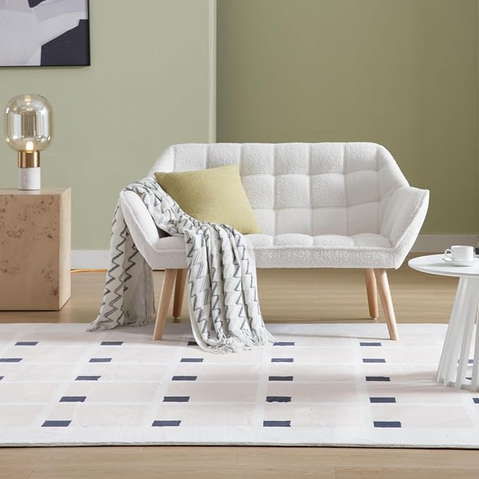 QUINJAY 48" Small Loveseat Sofa, Modern Sherpa Mini Sofa Couch 2-Seater Fluffy Love Seat with Quilting Backs and Wood Legs for Living Room, Bedroom and Small Space, White